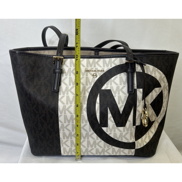 MICHAEL KORS Jet Set Charm Multi Carryall Tote Brown/Ivory LOGO Pattern Purse - Picture 9 of 16